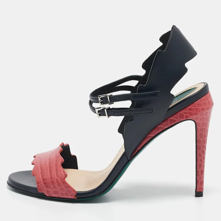 Fendi Black/Pink Croc Embossed and Leather Ankle Strap Sandals Size 36.5