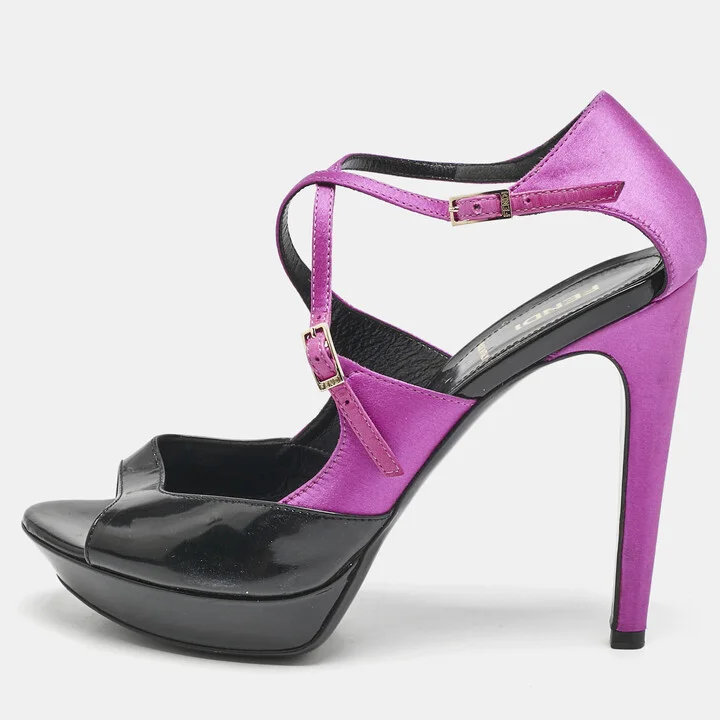 Fendi Black/Pink Patent Leather and Satin Ankle Strap Sandals Size 38