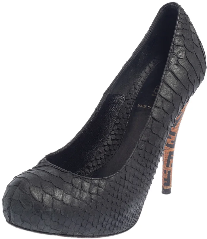 Fendi Black Python Embossed Leather Zucca Print Heel Pumps Size 37