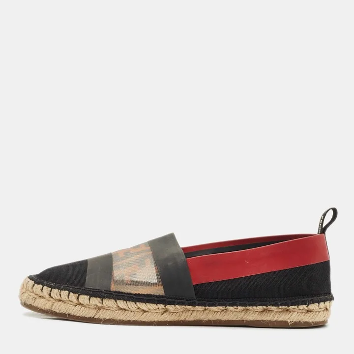 Fendi Black/Red Zucca Leather and Mesh Espadrille Flats Size 36