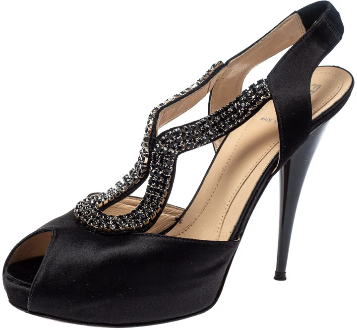 Fendi Black Satin Crystal Embellished Slingback Platform Sandals Size 39