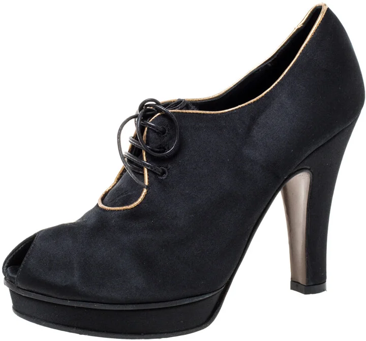 Fendi Black Satin Platform Peep Toe Lace Up Ankle Booties Size 37
