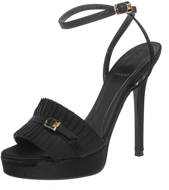 Fendi Black Satin Pleated Detail And FF Logo Buckle Ankle Strap Platform Sandals Size 35