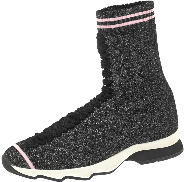 Fendi Black/Silver Glitter Knit Fabric High-Top Sock Sneakers Size 38