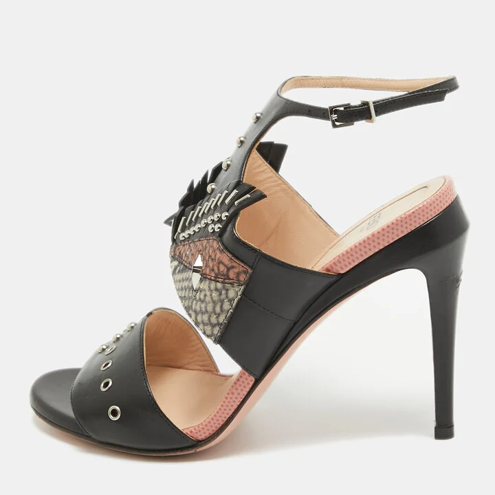 Fendi Black Studded Leather Rocker Bug Ankle-Strap Sandals Size 36
