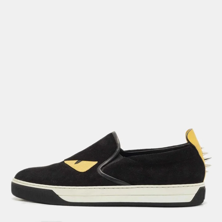 Fendi Black Suede and Leather Monster Eyes Slip On Sneakers Size 42