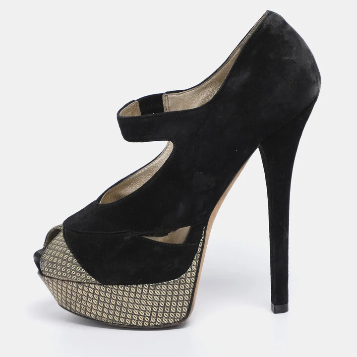 Fendi Black Suede Peep Toe Platform Pumps Size 38.5