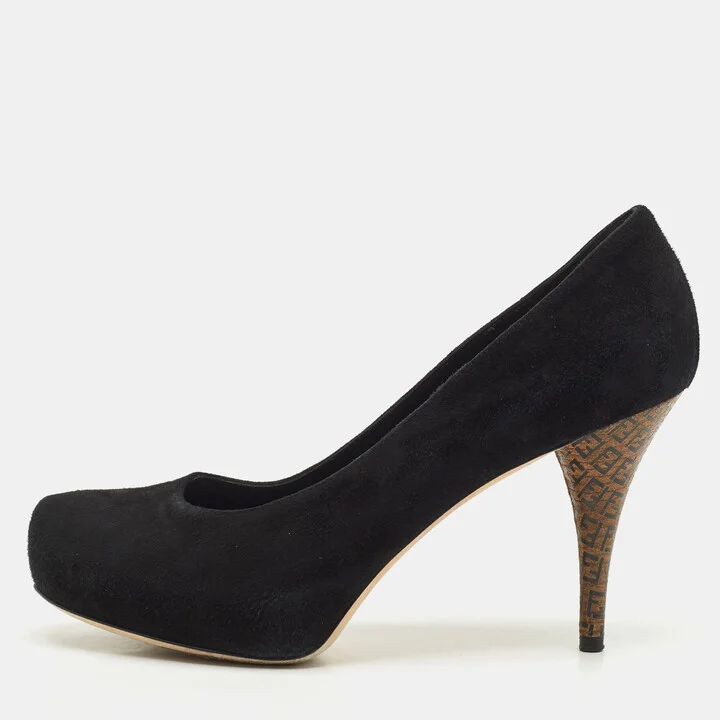 Fendi Black Suede Platform Logo Heel Pumps Size 38