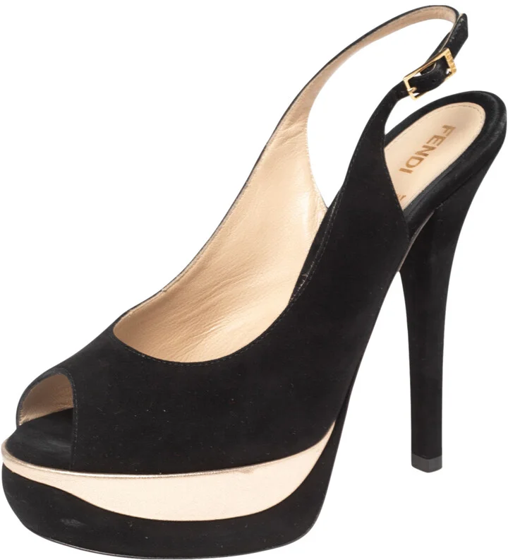 Fendi Black Suede Platform Slingback Sandals Size 38.5