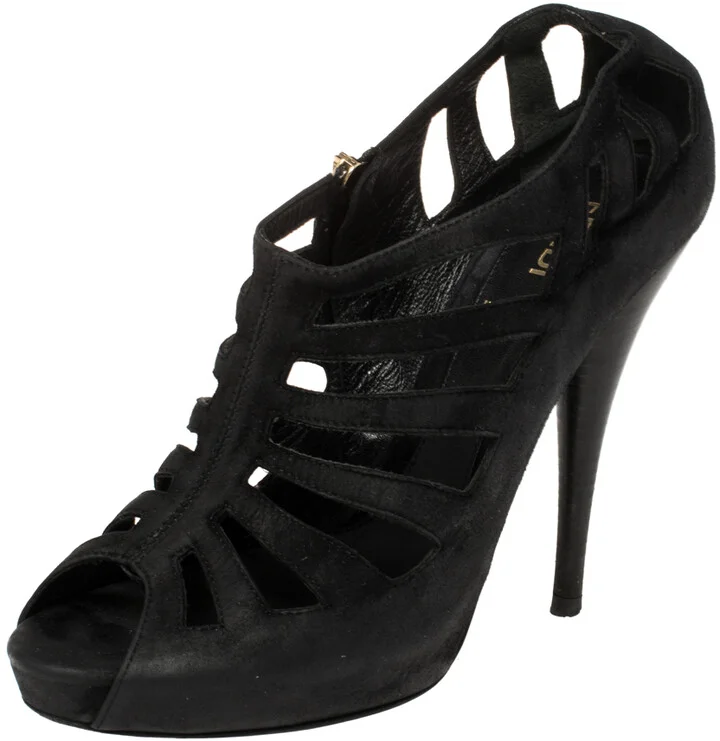 Fendi Black Suede Strappy Peep Toe Zipper Sandals Size 36