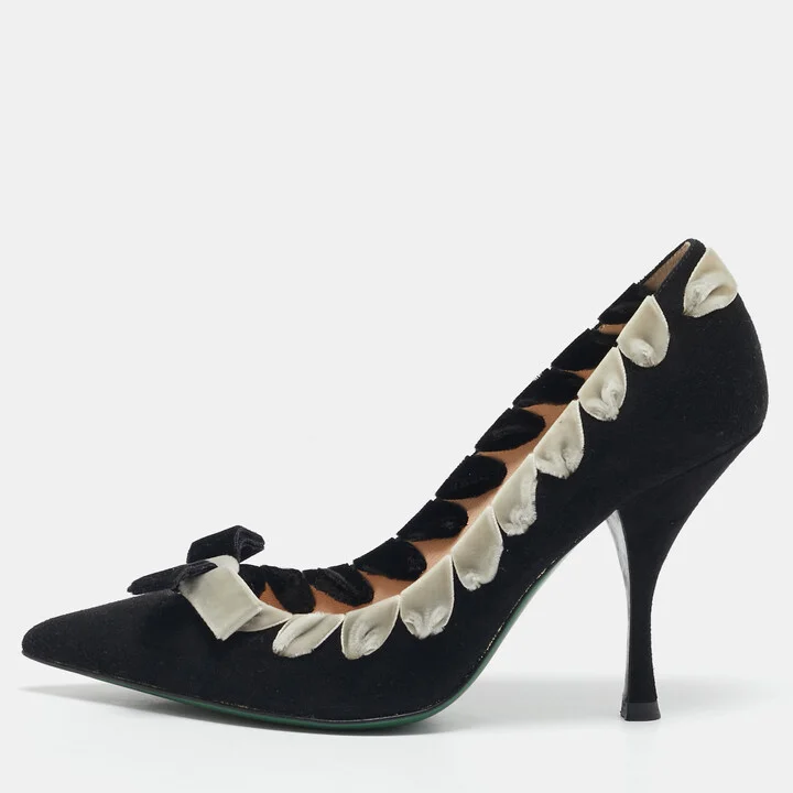Fendi Black/White Suede Stitched Bow Pumps Size 37