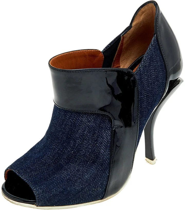 Fendi Blue/Black Denim And Patent Leather Peep Toe Booties Size 36