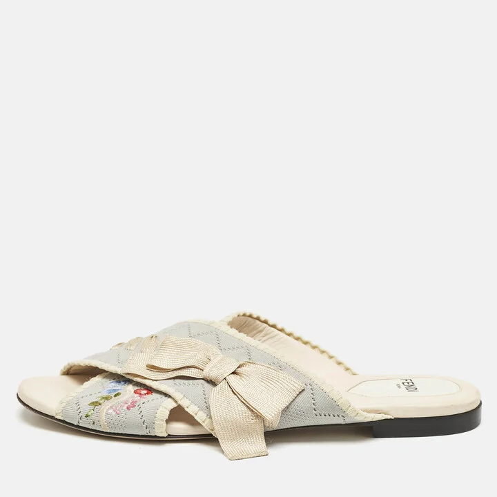 Fendi Blue Embroidered Fabric Crisscross Bow Flat Slides Size 37.5
