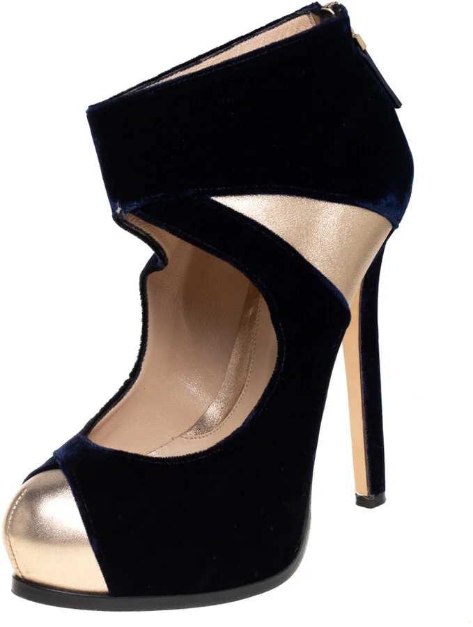 Fendi Blue/Gold Leather And Velvet Ankle Booties Size 38.5