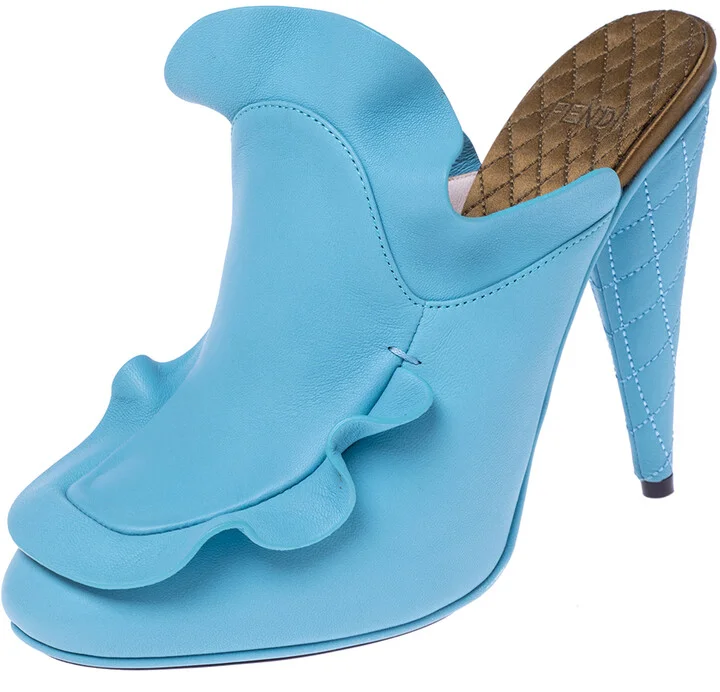 Fendi Blue Leather Stocking Heel Mule Sandals Size 37