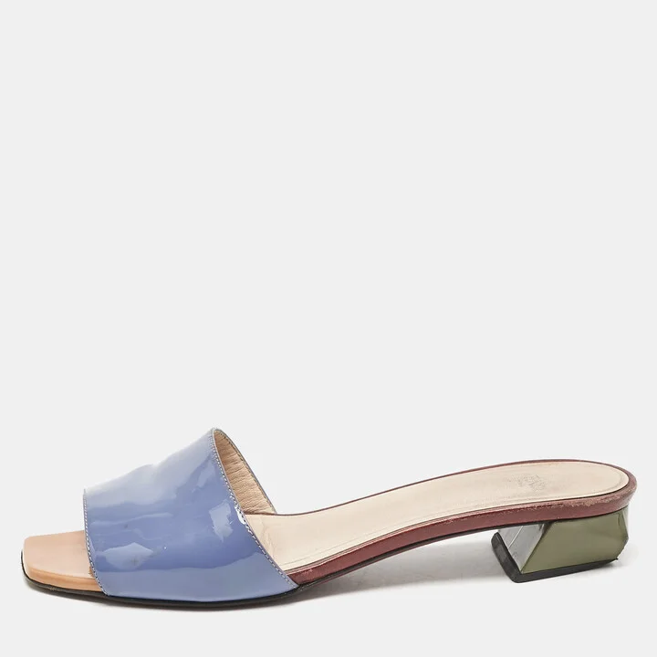 Fendi Blue Patent Leather Open Toe Slide Sandals Size 38