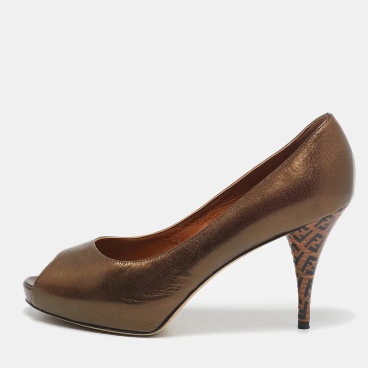 Fendi Bronze Leather Zucca Print Heel Peep Toe Pumps Size 40