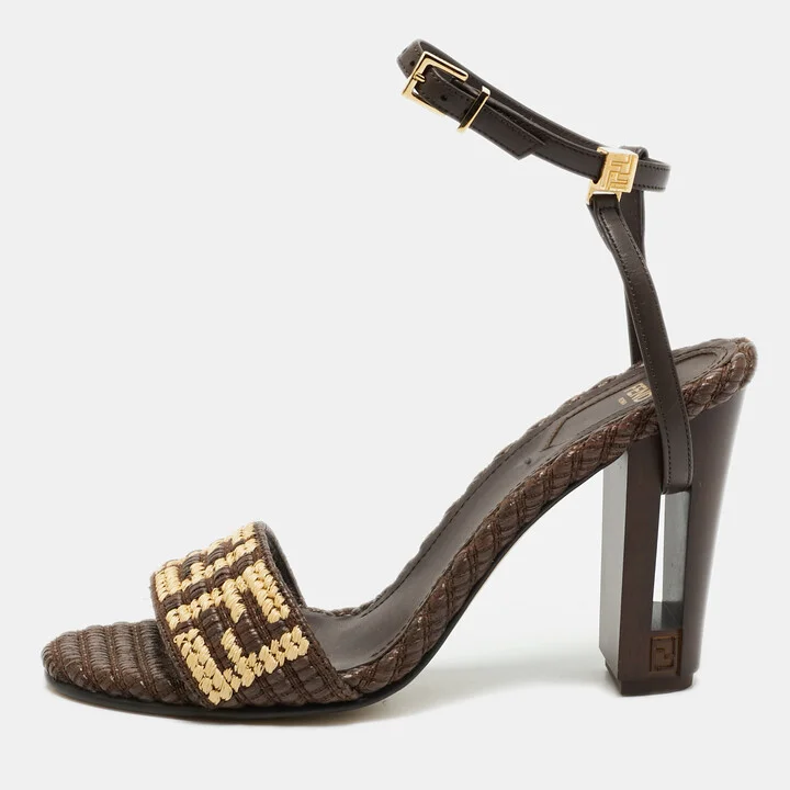 Fendi Brown/Beige Zucca Raffia and Leather Delfina Sandals Size 38