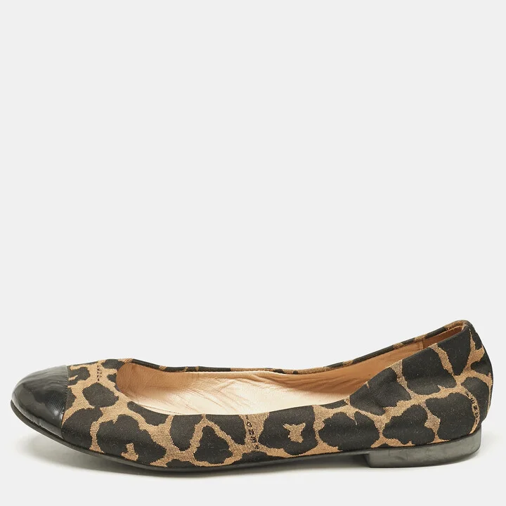 Fendi Brown/Black Patent Leather And Canvas Leopard Print Cap Toe Ballet Flats Size 39