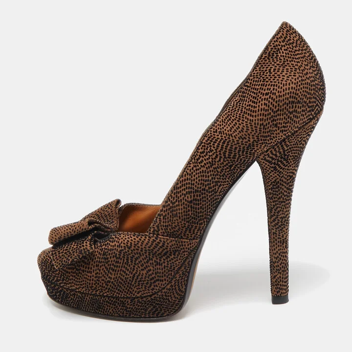 Fendi Brown/Black Textured Suede Bow Peep Toe Pumps Size 38