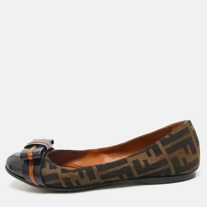 Fendi Brown/Black Zucca Canvas And Leather Bow Cap Toe Ballet Flats Size 37.5