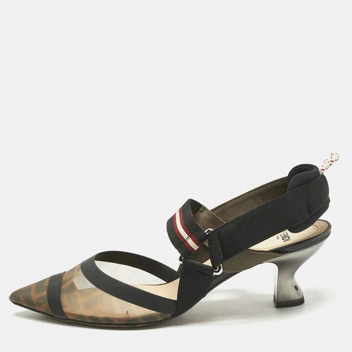 Fendi Brown/Black Zucca Mesh and Canvas Colibri Slingback Pumps Size 39