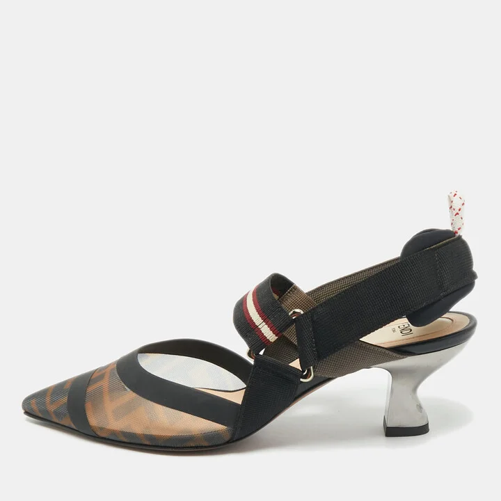 Fendi Brown/Black Zucca Mesh and Fabric Colibri Slingback Sandals Size 37