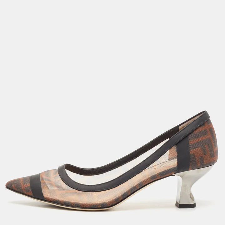 Fendi Brown/Black Zucca Mesh and Leather Colibri Pumps Size 38