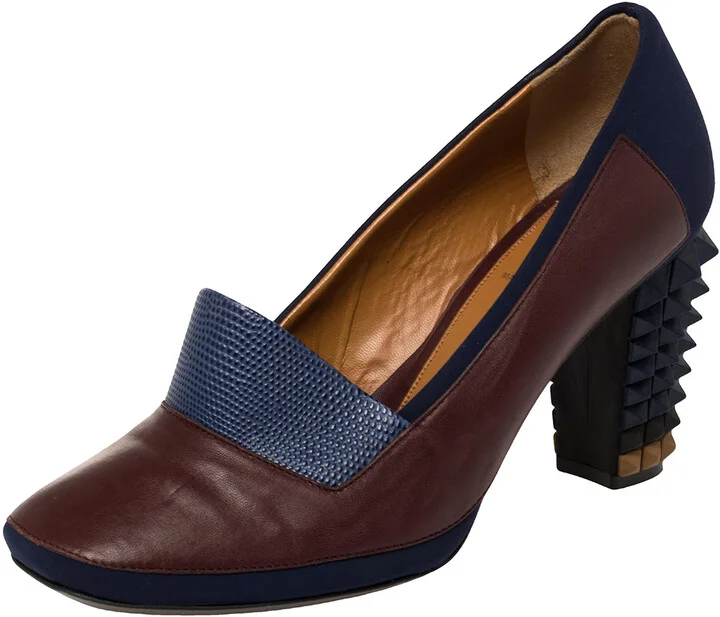 Fendi Brown/Blue Lizard Embossed Leather and Fabric Polifonia Court Studded Heel Pumps Size 39