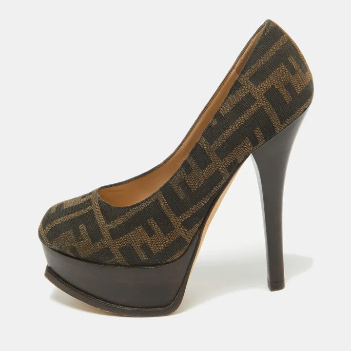 Fendi Brown Canvas Fendista Platform Pumps Size 35.5