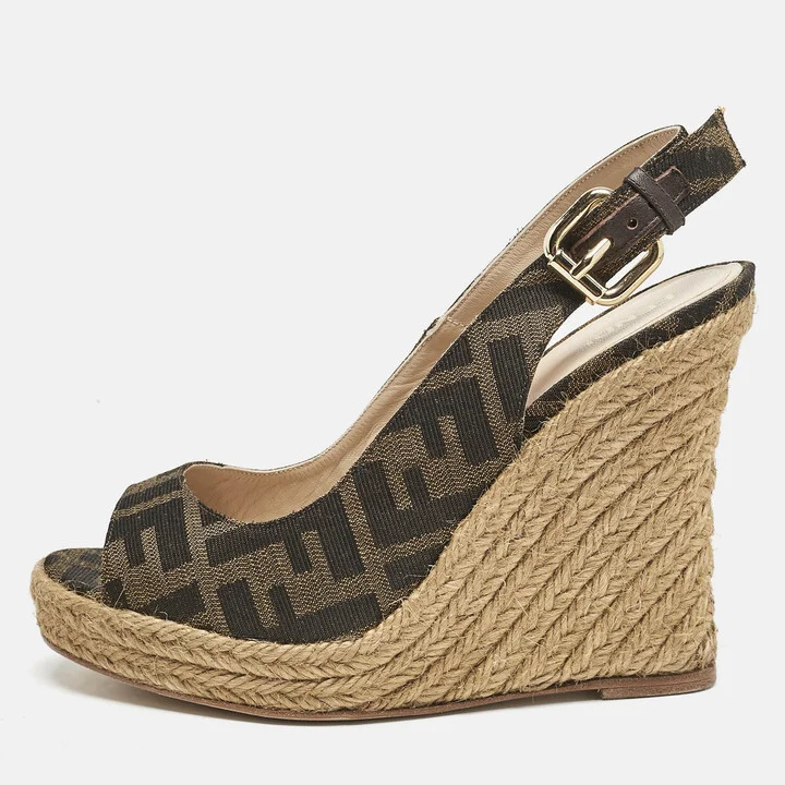 Fendi Brown Canvas FF Slingback Wedge Sandals Size 36