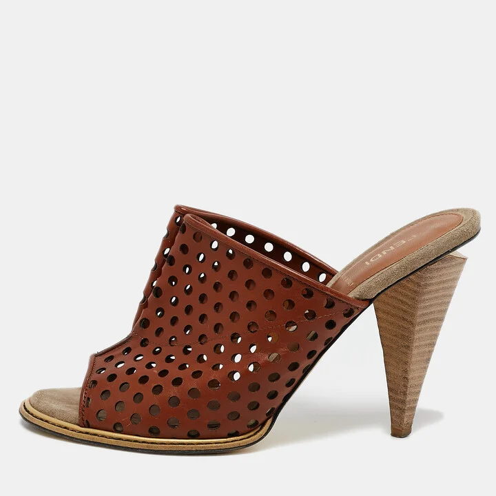 Fendi Brown Cut Out Leather Open Toe Slide Sandals Size 39
