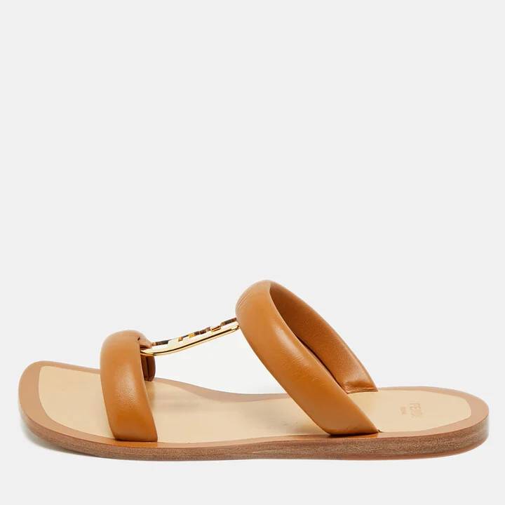 Fendi Brown Leather Buckle Flats Slide Size 38