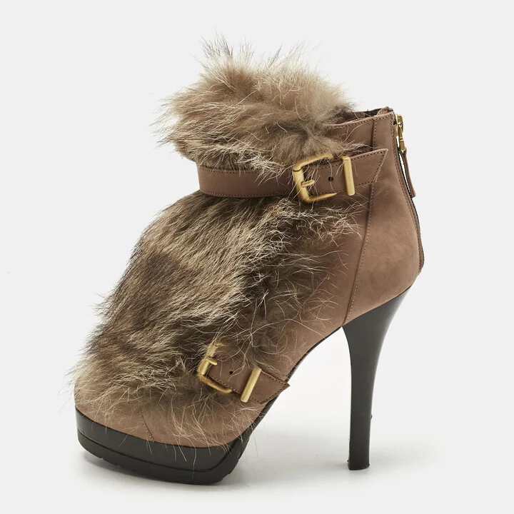 Fendi Brown Nubuck Leather and Raccoon Fur Platform Ankle Boots Size 40