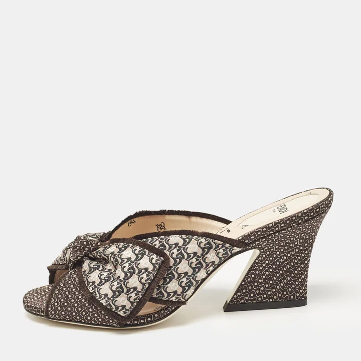 Fendi Brown Printed Fabric Knotted Bow Slide Sandals Size 36.5
