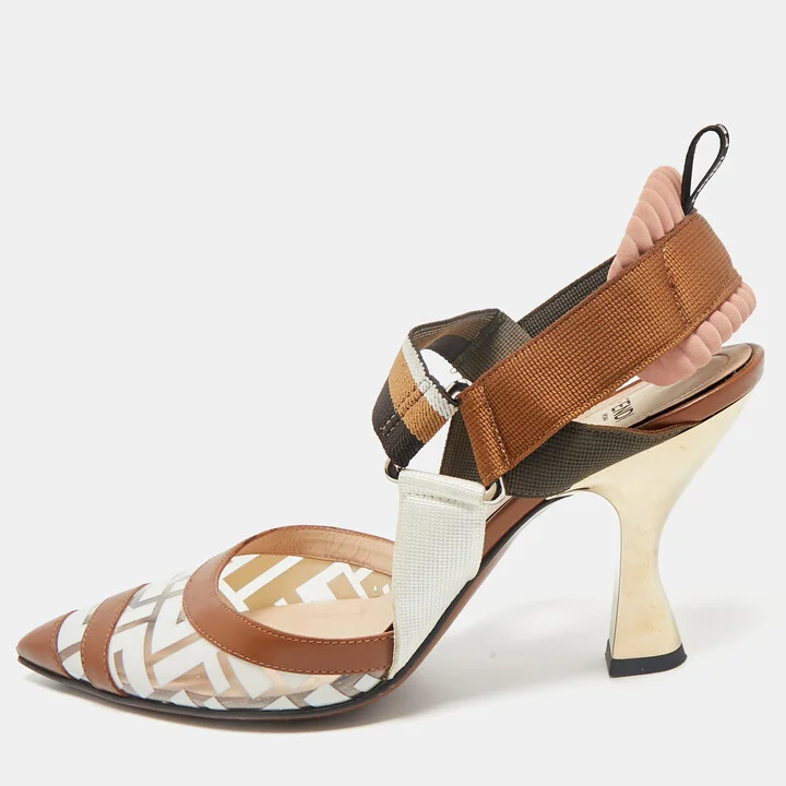 Fendi Brown/White Zucca PVC and Fabric Colibri Slingback Pumps Size 38