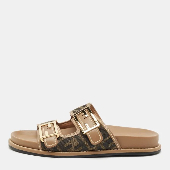 Fendi Brown Zucca Canvas and Leather Feel Slide Sandals Size 37