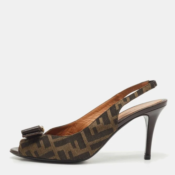 Fendi Brown Zucca Canvas and Leather Slingback Pumps Size 37.5