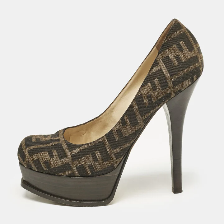 Fendi Brown Zucca Canvas Fendista Platform Pumps Size 39