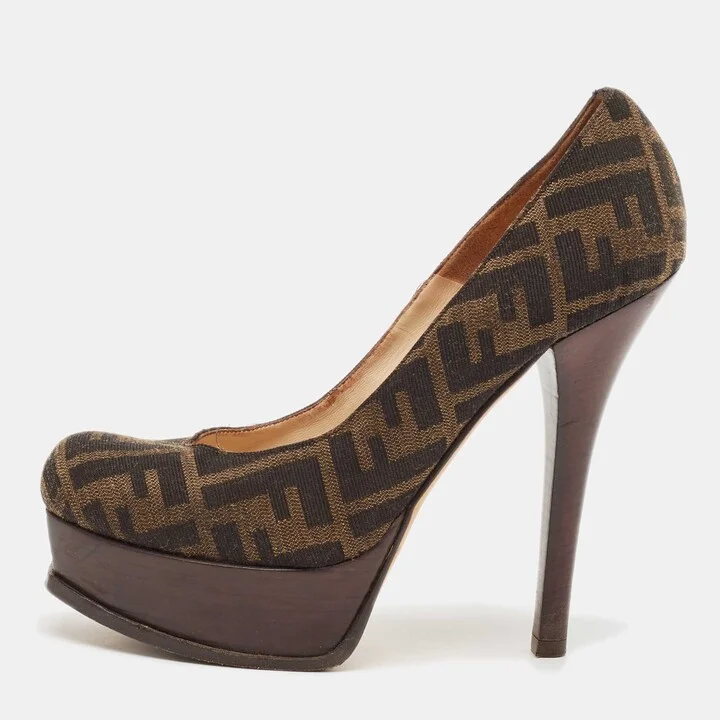 Fendi Brown Zucca Canvas Fendista Platform Pumps Size 39