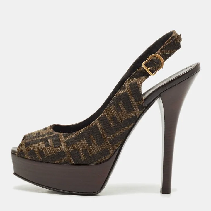 Fendi Brown Zucca Canvas Open Toe Platform Slingback Sandals Size 40