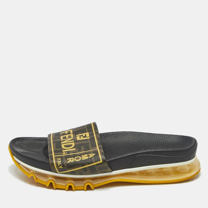 Fendi Brown Zucca Logo Print Coated Canvas Clear Sole Slide Sandals Size 41.5