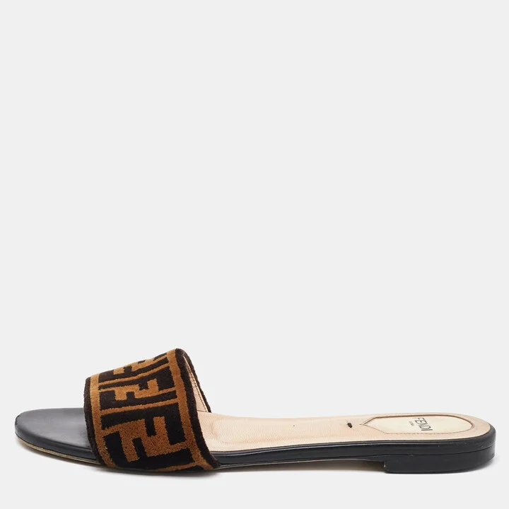 Fendi Brown Zucca Velvet Flat Slide Sandals Size 38.5