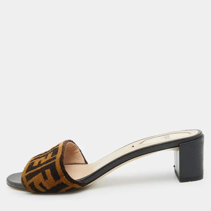 Fendi Brown Zucca Velvet Open Toe Slide Sandals Size 37