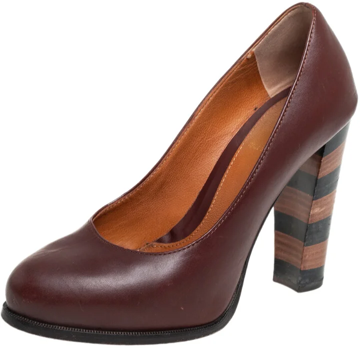 Fendi Burgundy Leather Pequin Block Heel Pumps Size 35