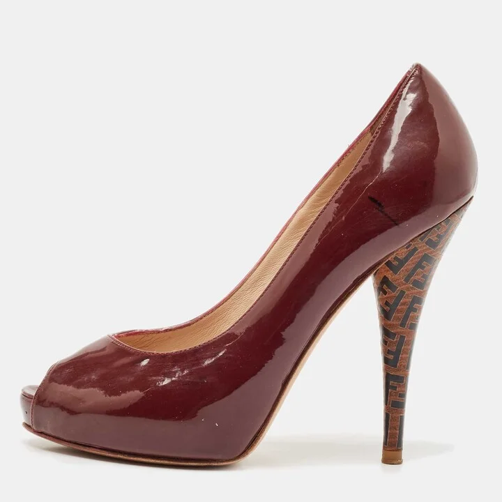 Fendi Burgundy Patent Leather Peep Toe Platform Pumps Size 35