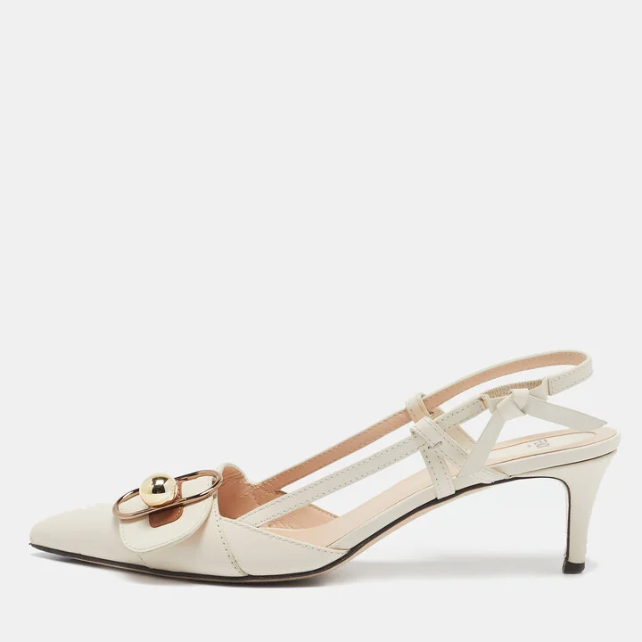 Fendi Cream/Brown Leather Buckle Strap Slingback Pumps Size 41