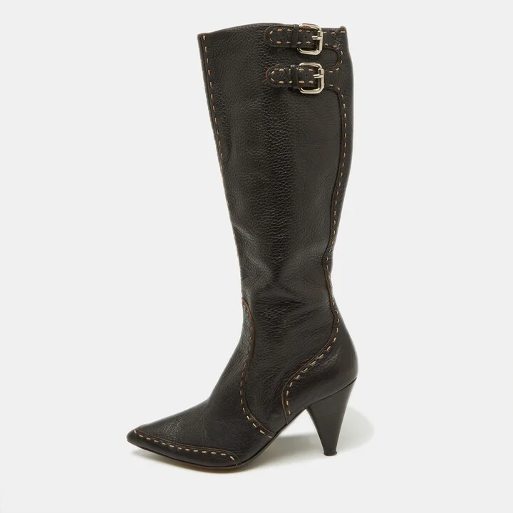 Fendi Dark Brown Leather Buckle Detail Knee Length Boots Size 37