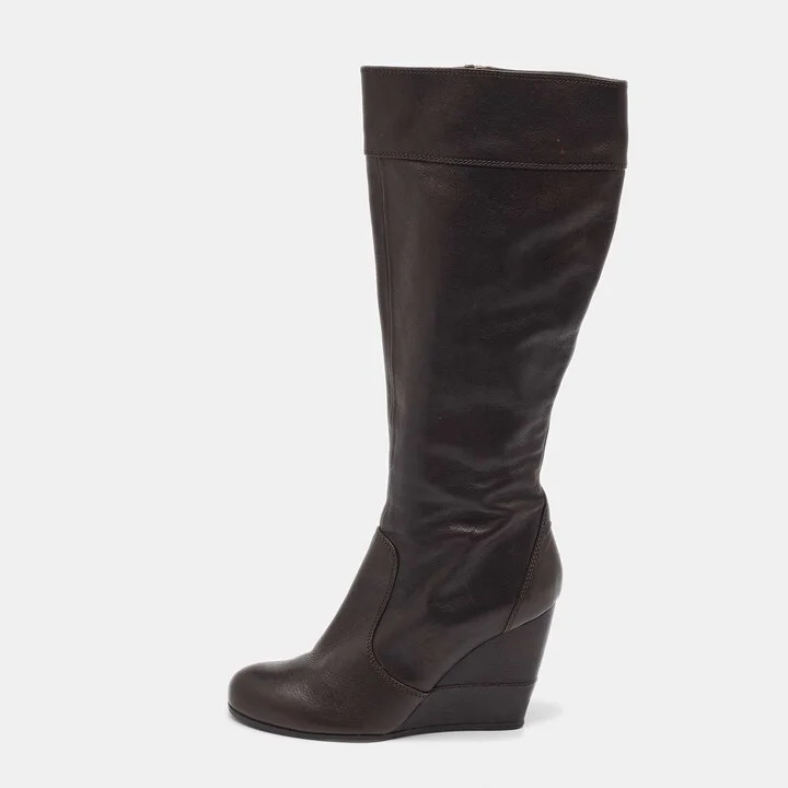Fendi Dark Brown Leather Knee Length Wedge Boots Size 39