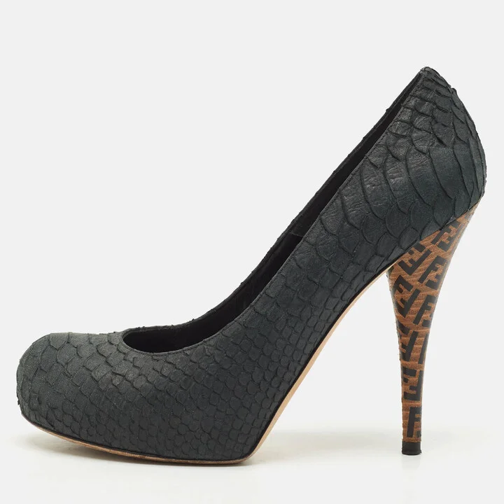 Fendi Dark Grey Python Embossed Leather Superstar Platform Pumps Size 38